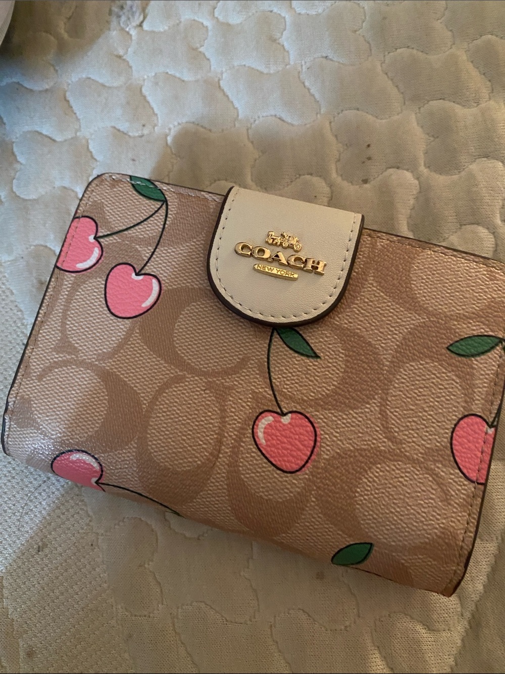 Coach Beige Cherry Print Small Wallet with Pink Accents